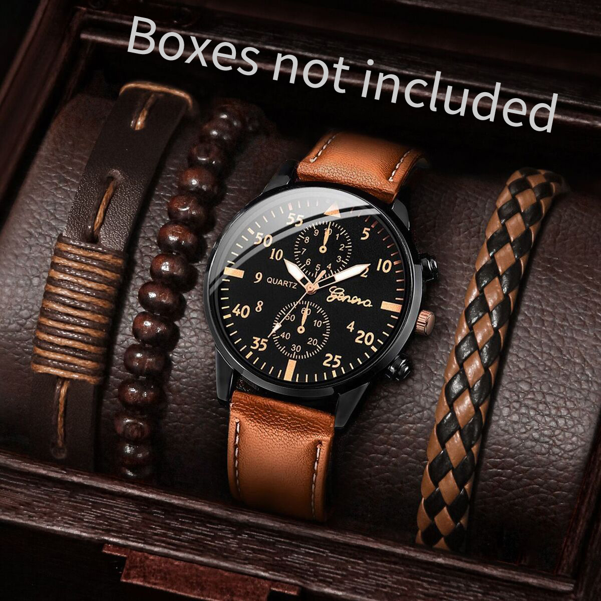 4PCS Fashion Arabic Dial Men B - مراجعة Leather Watch Band Men وسعره