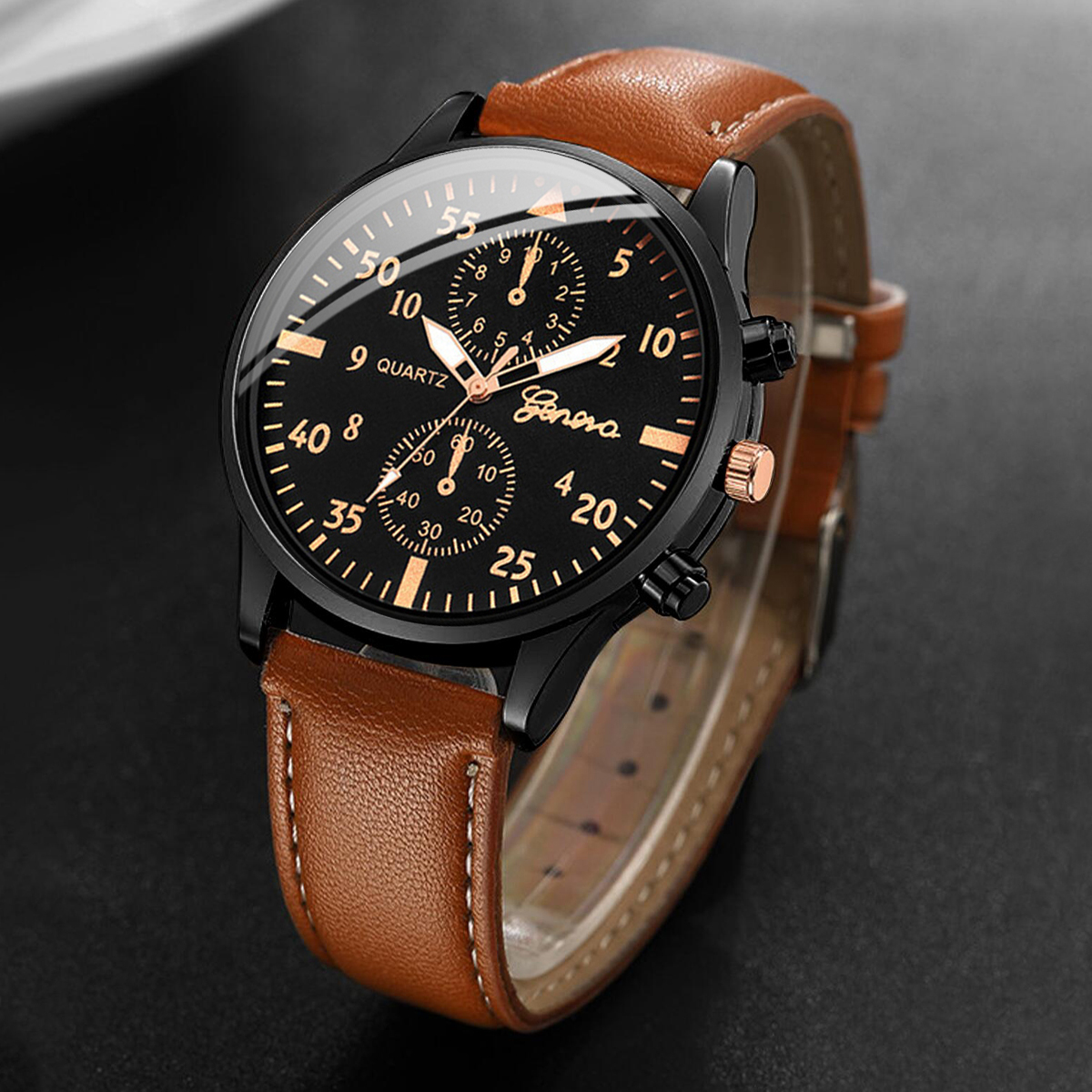 4PCS Fashion Arabic Dial Men B - مراجعة Leather Watch Band Men وسعره
