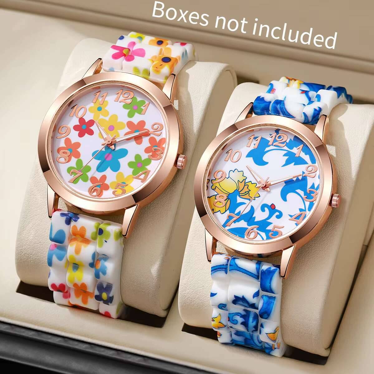 2PCS Fashion Flower Printed Wo - مراجعة Silicone Band Women وسعره